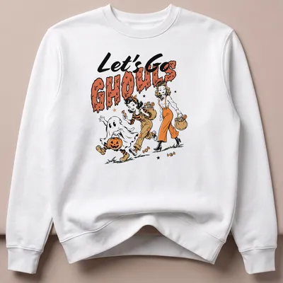 Vintage cartoon style t-shirt featuring cute Halloween girls and a ghost with the text Let's Go Ghouls — printed on a unisex sweatshirt