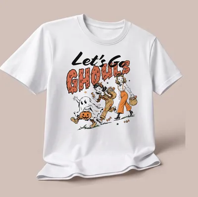 Vintage cartoon style t-shirt featuring cute Halloween girls and a ghost with the text Let's Go Ghouls — printed on a unisex t-shirt (angled view)