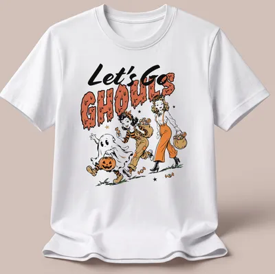 Vintage cartoon style t-shirt featuring cute Halloween girls and a ghost with the text Let's Go Ghouls