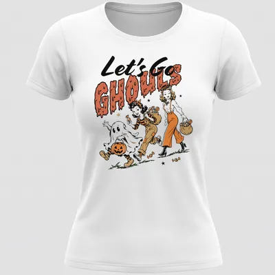 Vintage cartoon style t-shirt featuring cute Halloween girls and a ghost with the text Let's Go Ghouls — printed on a women's shirt