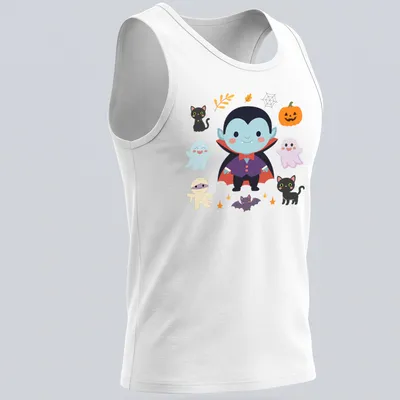 Kawaii Halloween design featuring a cute vampire, ghosts, pumpkins, and black cats. — printed on a tank top