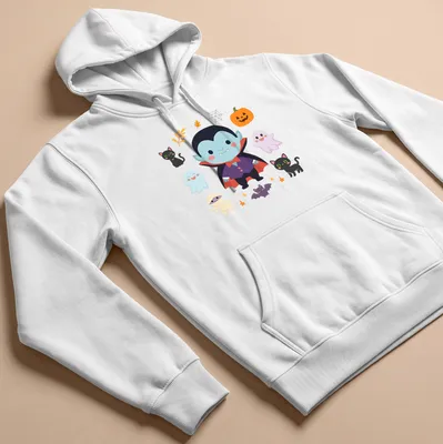 Kawaii Halloween design featuring a cute vampire, ghosts, pumpkins, and black cats. — printed on a unisex hoodie