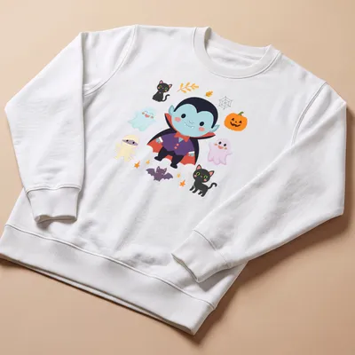 Kawaii Halloween design featuring a cute vampire, ghosts, pumpkins, and black cats. — printed on a unisex sweatshirt