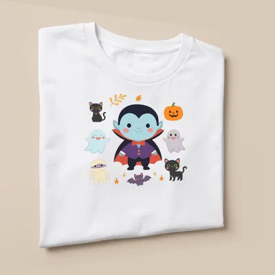 Kawaii Halloween design featuring a cute vampire, ghosts, pumpkins, and black cats. — printed on a unisex t-shirt (angled view)