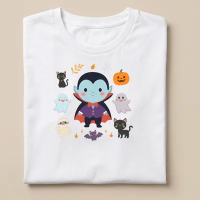 Kawaii Halloween design featuring a cute vampire, ghosts, pumpkins, and black cats.