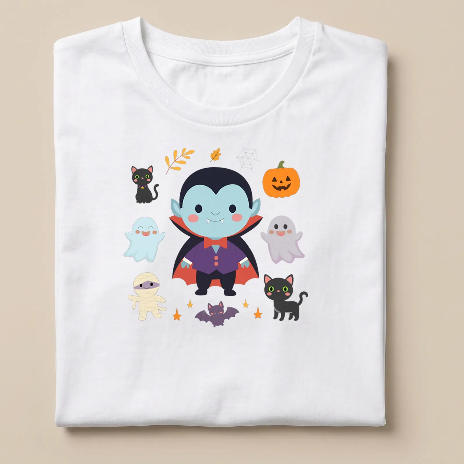 Kawaii Halloween design featuring a cute vampire, ghosts, pumpkins, and black cats. — printed on a unisex t-shirt