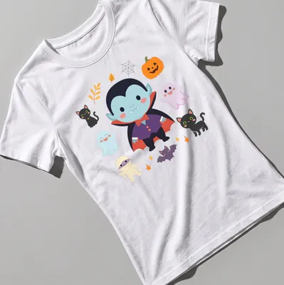 Kawaii Halloween design featuring a cute vampire, ghosts, pumpkins, and black cats. — printed on a women's shirt