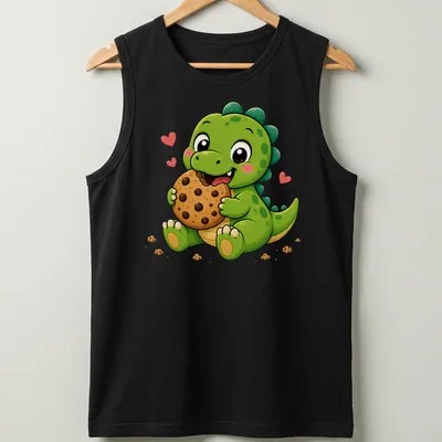 Kawaii dinosaur holding a chocolate chip cookie with playful text. — printed on a tank top