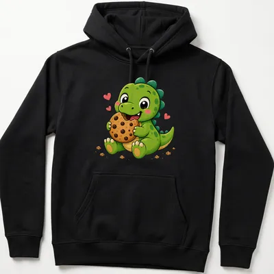 Kawaii dinosaur holding a chocolate chip cookie with playful text. — printed on a unisex hoodie