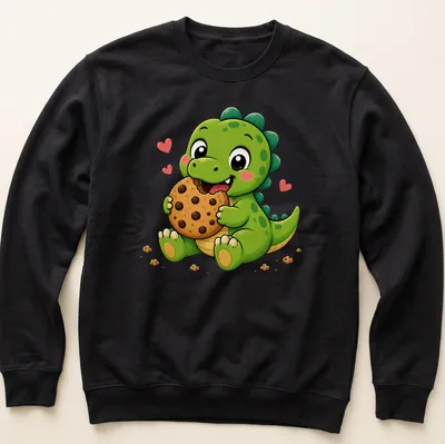 Kawaii dinosaur holding a chocolate chip cookie with playful text. — printed on a unisex sweatshirt