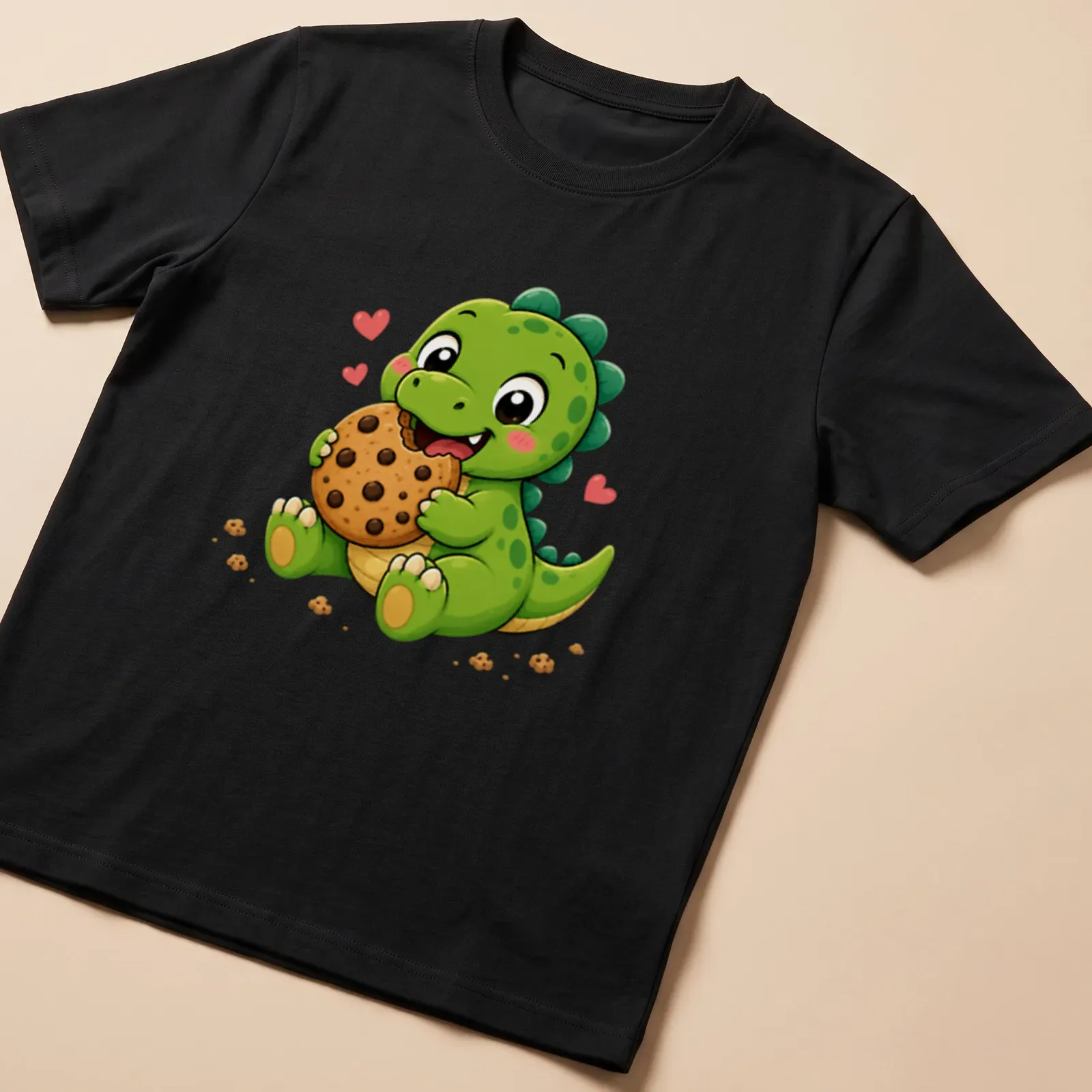 Kawaii dinosaur holding a chocolate chip cookie with playful text. — printed on a unisex t-shirt