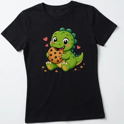 Kawaii dinosaur holding a chocolate chip cookie with playful text. — printed on a women's shirt