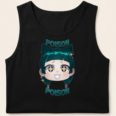 Kawaii style t-shirt featuring a cute character with cat ears and the text 'POISON POISON' — printed on a tank top