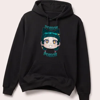 Kawaii style t-shirt featuring a cute character with cat ears and the text 'POISON POISON' — printed on a unisex hoodie