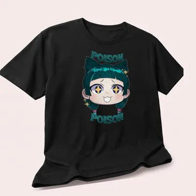 Kawaii style t-shirt featuring a cute character with cat ears and the text 'POISON POISON' — printed on a unisex t-shirt (angled view)