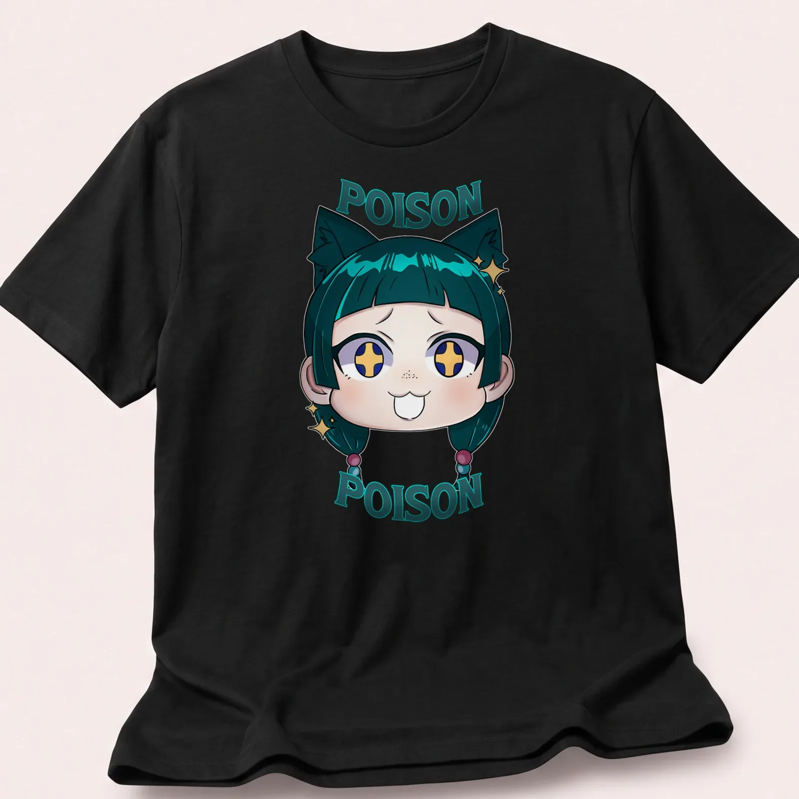 Kawaii style t-shirt featuring a cute character with cat ears and the text 'POISON POISON' — printed on a unisex t-shirt