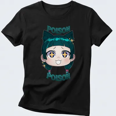 Kawaii style t-shirt featuring a cute character with cat ears and the text 'POISON POISON' — printed on a women's shirt
