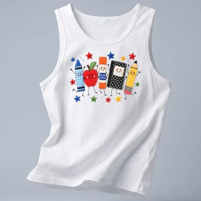 Kawaii design featuring school supplies with glue stick text — printed on a tank top