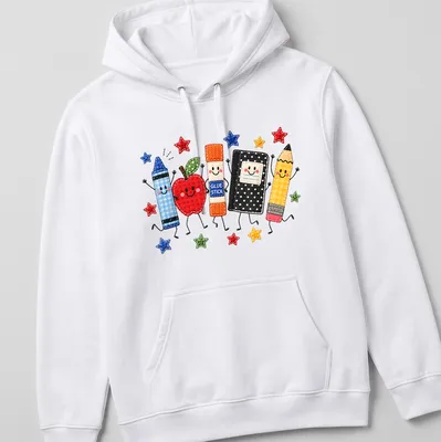 Kawaii design featuring school supplies with glue stick text — printed on a unisex hoodie