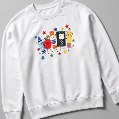 Kawaii design featuring school supplies with glue stick text — printed on a unisex sweatshirt