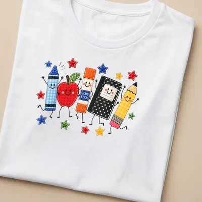Kawaii design featuring school supplies with glue stick text — printed on a women's shirt