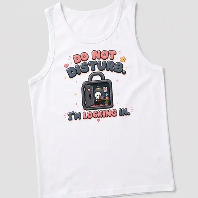 Kawaii pixel art of a cute skeleton with the text 'DO NOT DISTURB. I’M LOCKING IN.' — printed on a tank top