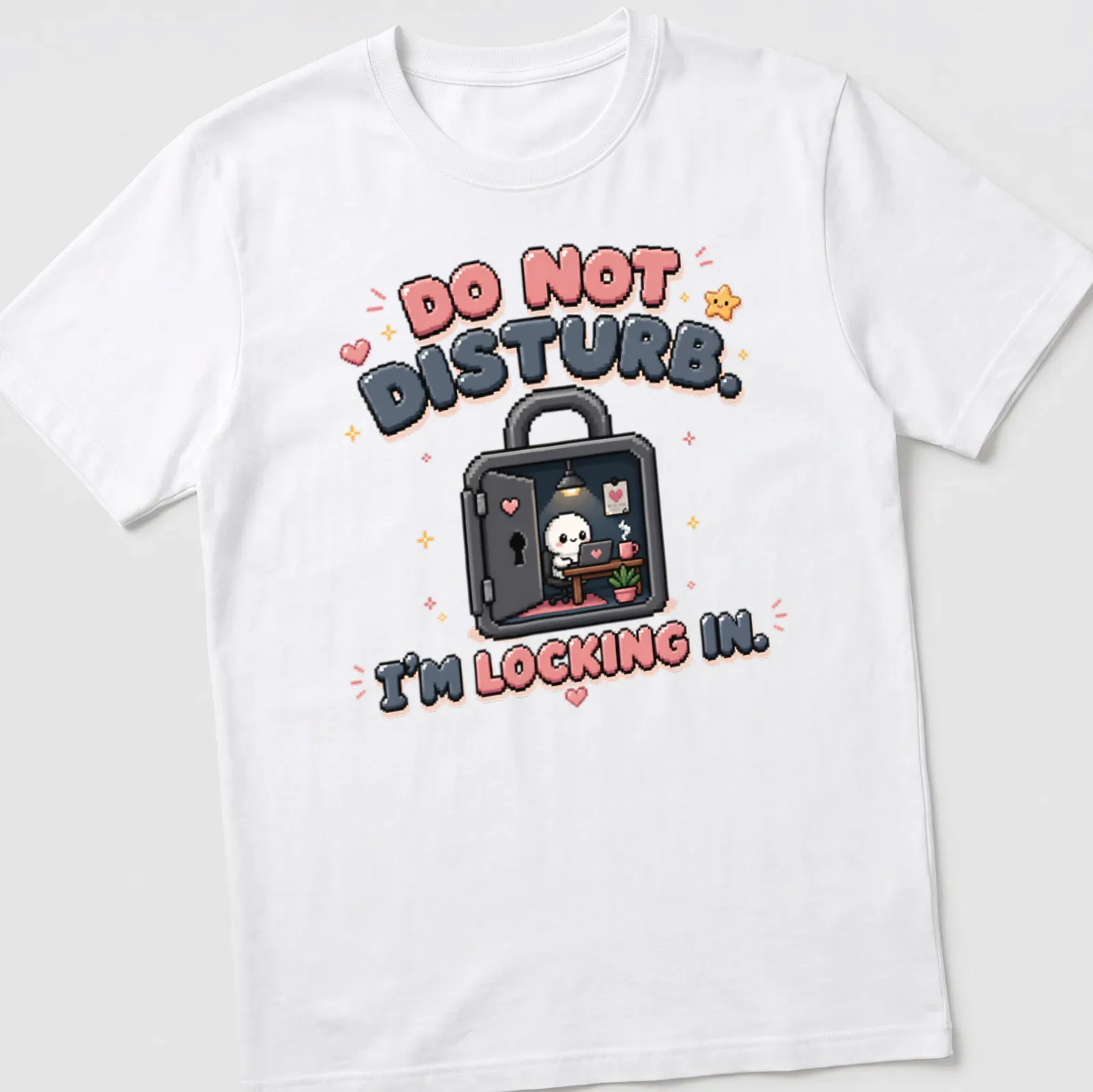 Kawaii pixel art of a cute skeleton with the text 'DO NOT DISTURB. I’M LOCKING IN.' — printed on a unisex t-shirt