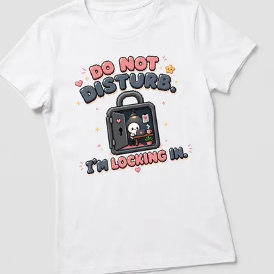 Kawaii pixel art of a cute skeleton with the text 'DO NOT DISTURB. I’M LOCKING IN.' — printed on a women's shirt
