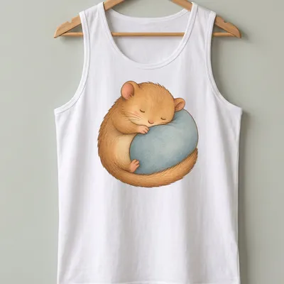 Kawaii illustration of a cute sleeping hamster on a blue pillow with soft colors — printed on a tank top