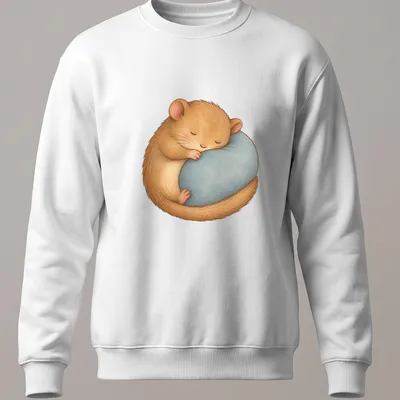 Kawaii illustration of a cute sleeping hamster on a blue pillow with soft colors — printed on a unisex sweatshirt