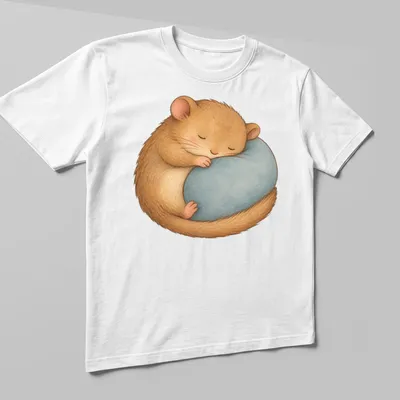 Kawaii illustration of a cute sleeping hamster on a blue pillow with soft colors — printed on a unisex t-shirt (angled view)