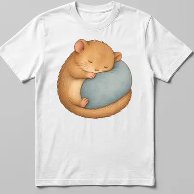Kawaii illustration of a cute sleeping hamster on a blue pillow with soft colors