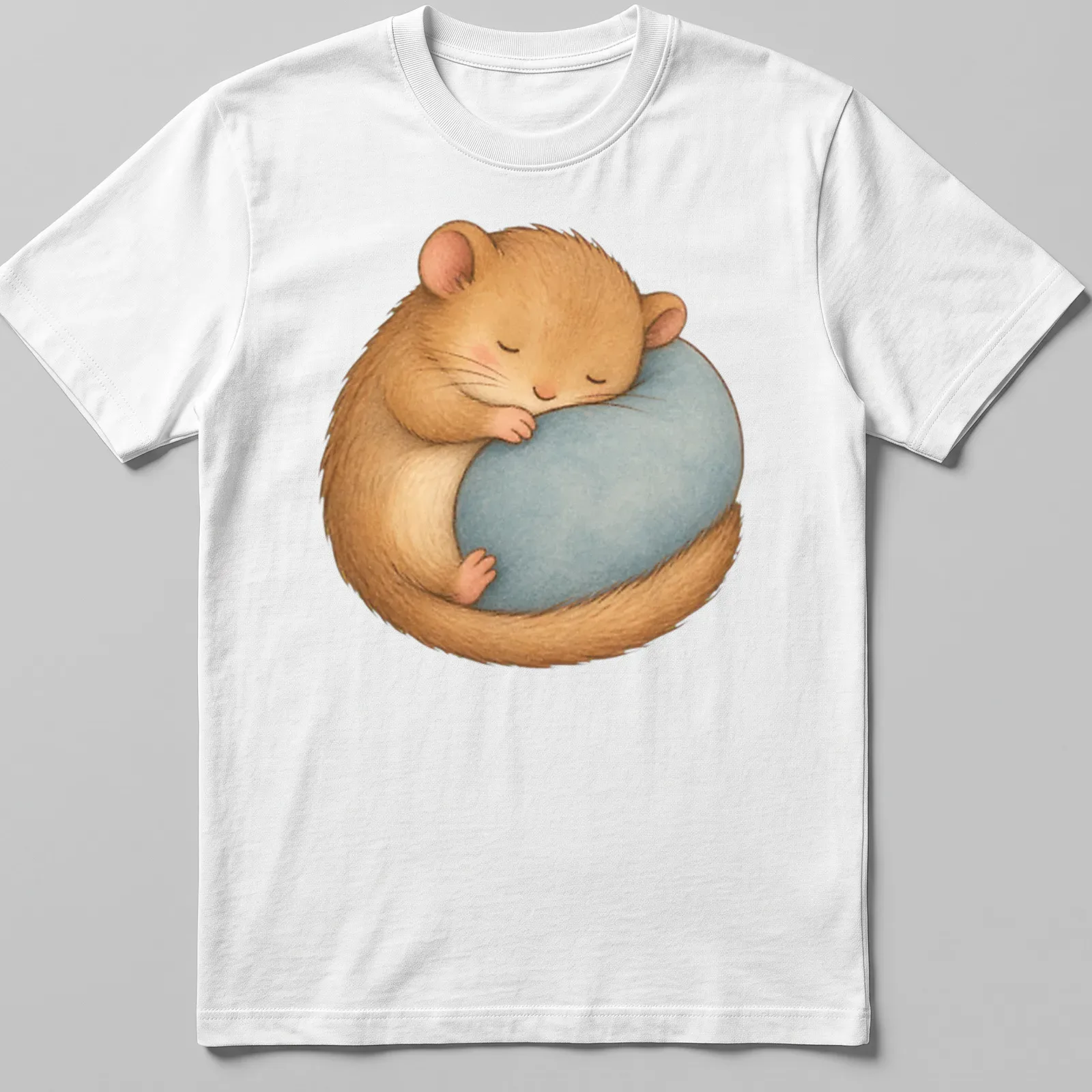 Kawaii illustration of a cute sleeping hamster on a blue pillow with soft colors — printed on a unisex t-shirt