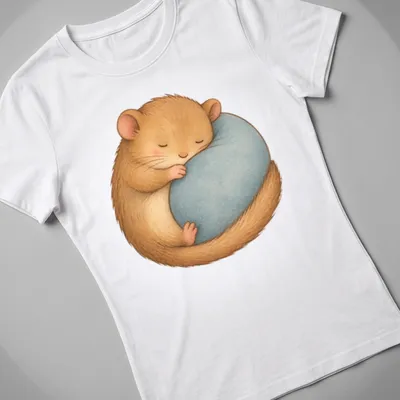 Kawaii illustration of a cute sleeping hamster on a blue pillow with soft colors — printed on a women's shirt