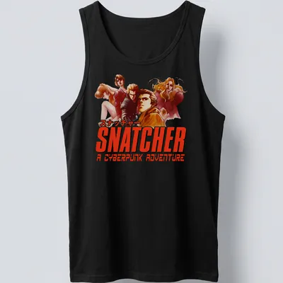 Anime-style Cyberpunk Adventure shirt featuring detective characters in red, orange, white, and black — printed on a tank top