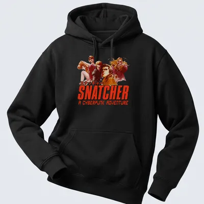 Anime-style Cyberpunk Adventure shirt featuring detective characters in red, orange, white, and black — printed on a unisex hoodie