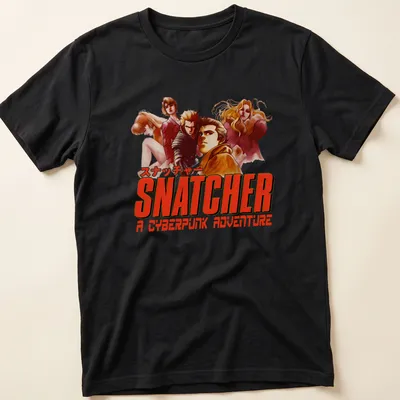 Anime-style Cyberpunk Adventure shirt featuring detective characters in red, orange, white, and black