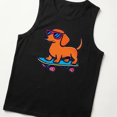 Retro Dachshund on a skateboard in orange, blue, pink, and black colors — printed on a tank top