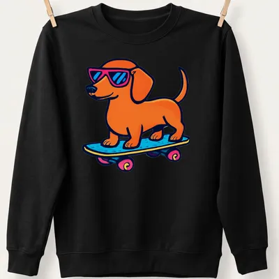 Retro Dachshund on a skateboard in orange, blue, pink, and black colors — printed on a unisex sweatshirt