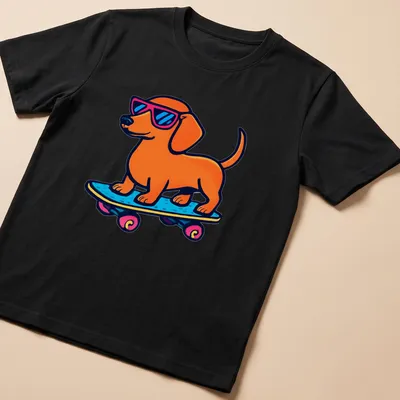 Retro Dachshund on a skateboard in orange, blue, pink, and black colors