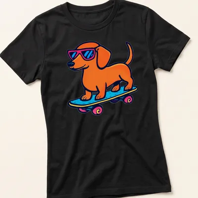 Retro Dachshund on a skateboard in orange, blue, pink, and black colors — printed on a women's shirt