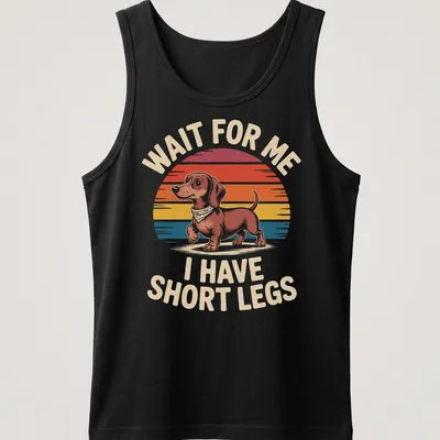 Funny Dachshund t-shirt with retro design and colorful text about short legs — printed on a tank top