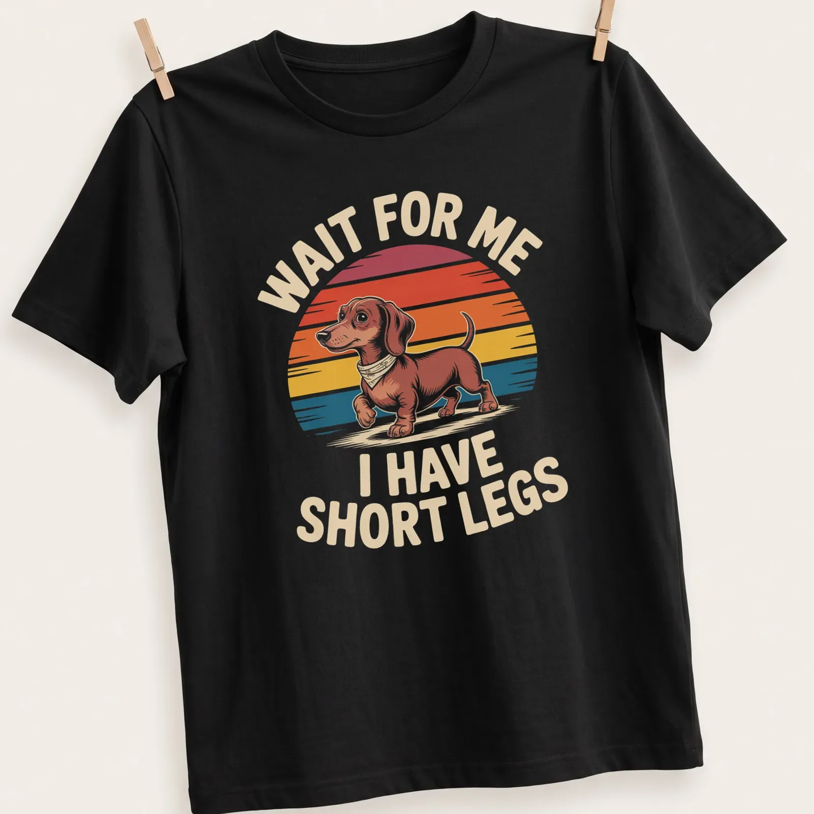 Funny Dachshund t-shirt with retro design and colorful text about short legs — printed on a unisex t-shirt