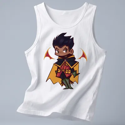 Kawaii design featuring Damian Wayne in vibrant colors of black, red, green, and yellow — printed on a tank top