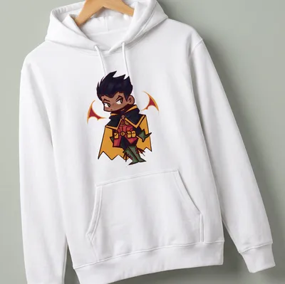 Kawaii design featuring Damian Wayne in vibrant colors of black, red, green, and yellow — printed on a unisex hoodie