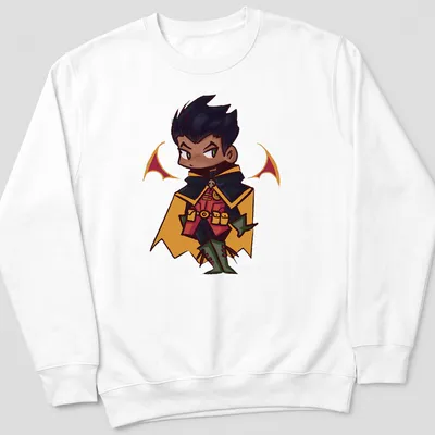 Kawaii design featuring Damian Wayne in vibrant colors of black, red, green, and yellow — printed on a unisex sweatshirt