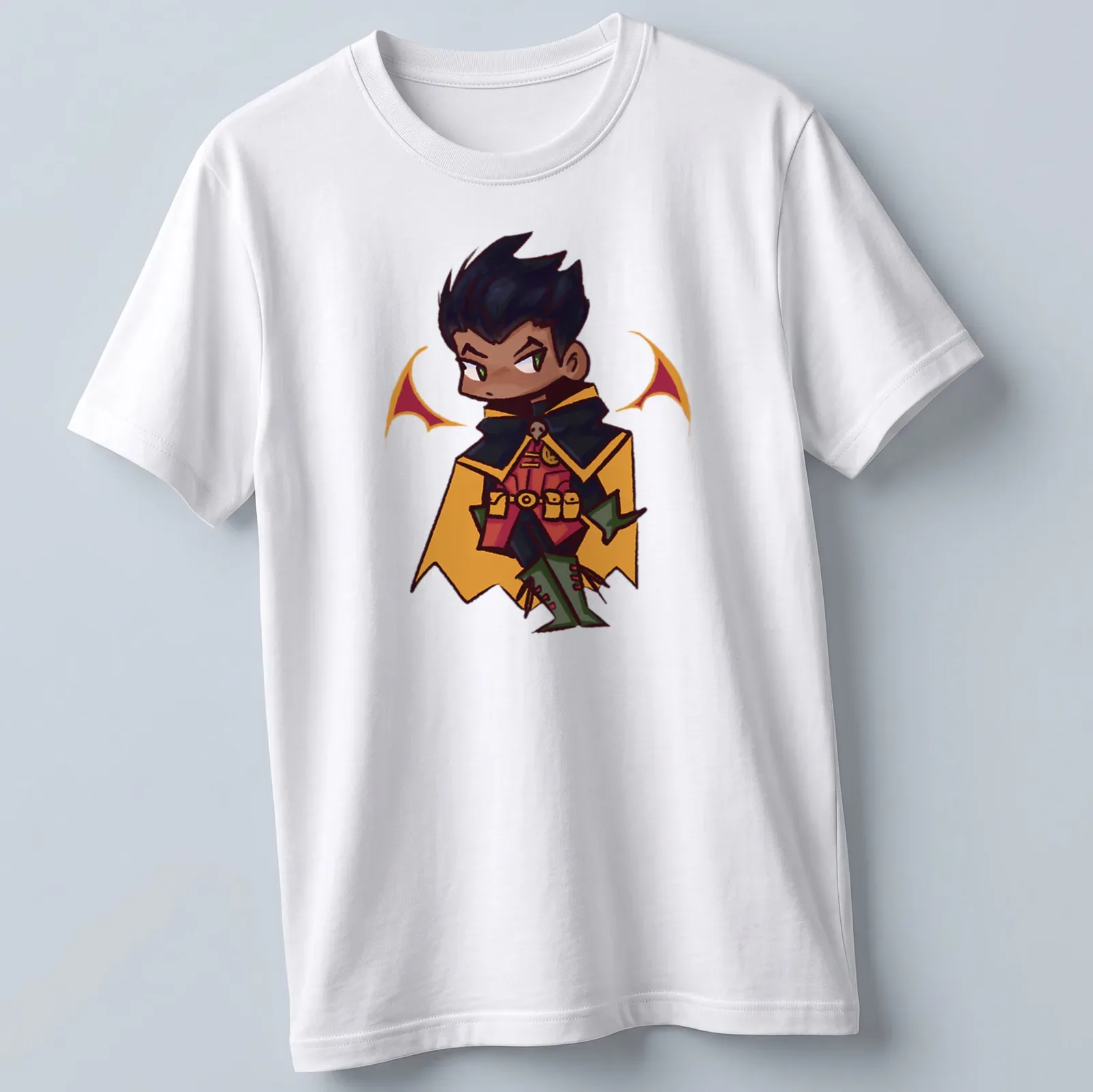 Kawaii design featuring Damian Wayne in vibrant colors of black, red, green, and yellow — printed on a unisex t-shirt