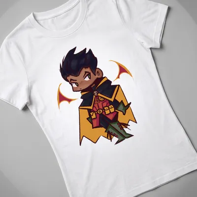 Kawaii design featuring Damian Wayne in vibrant colors of black, red, green, and yellow — printed on a women's shirt