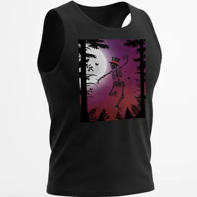 Vintage silhouette of a dancing skeleton under a full moon in black and purple — printed on a tank top