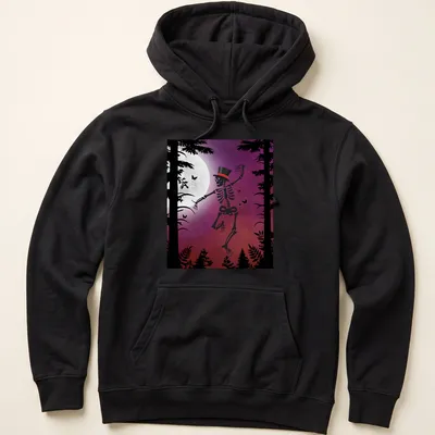 Vintage silhouette of a dancing skeleton under a full moon in black and purple — printed on a unisex hoodie